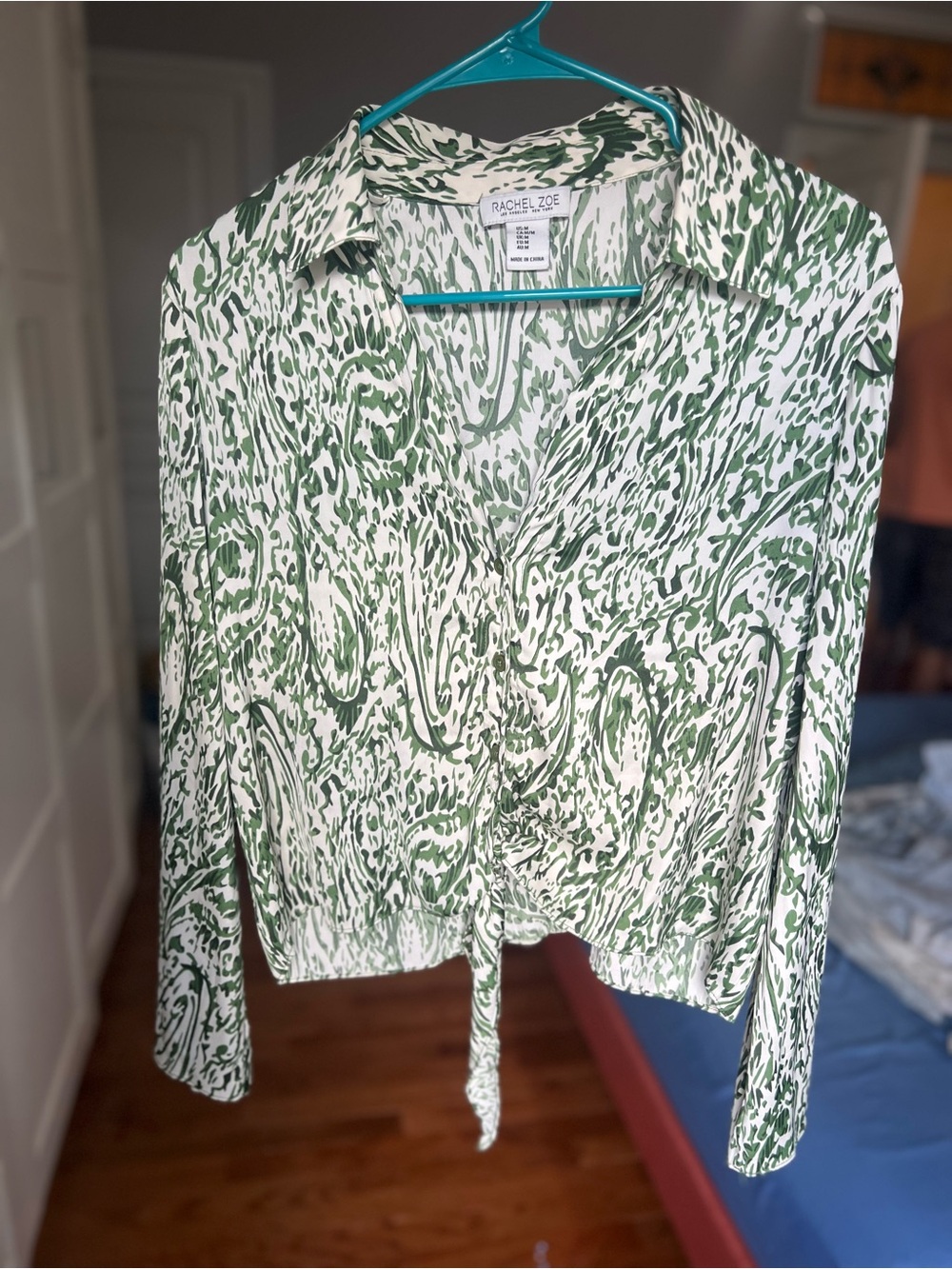 Rachel Zoe Green and White Paisley Tie-Front Button Down